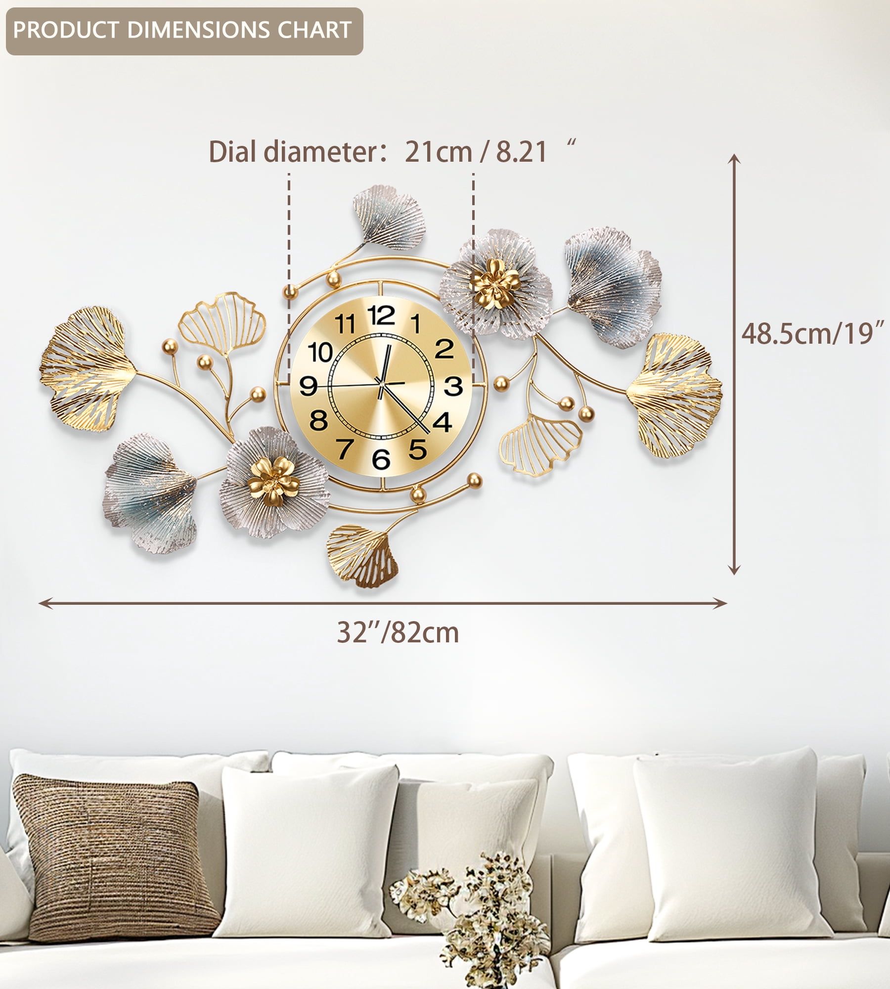 33"Large Wall Clock – 3D Metal Ginkgo Leaf Decorative Wall Clock, Non-Ticking Wall Clocks Battery Operated, Modern Clocks for Living Room, Gift-Ready for Home or Office