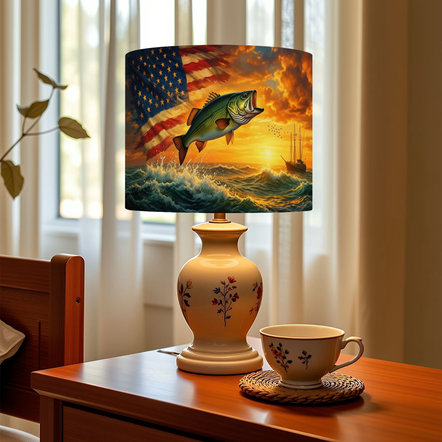 Linen Drum Lamp Shades Bass Fish Leaping Waves American Flag Sunset Independence Day 13" x 13" x 10" Lampshade for Table Lamps Floor Lamps Lamp Shade Replacement Easy Assembly Required