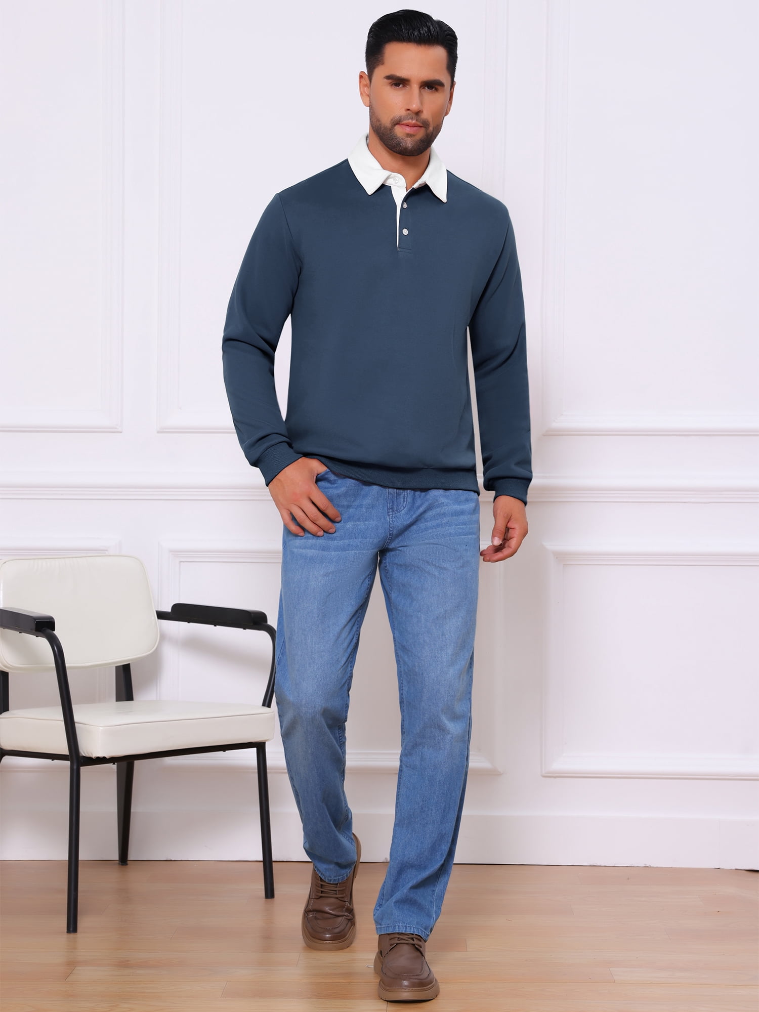 DARING DIVA Men's Contrast Collared Long Sleeves Pullover Polo Sweatshirt 2XL Dark Blue