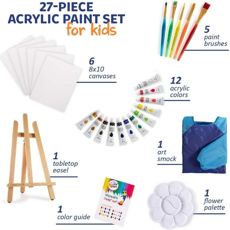 Kids Art Set  27-Piece Acrylic Paint Set with 5 Paint Brushes 8x10  Painting Canvas Tabletop Easel & Bonus Art Smock Paint Palette Color Mixing  Chart 