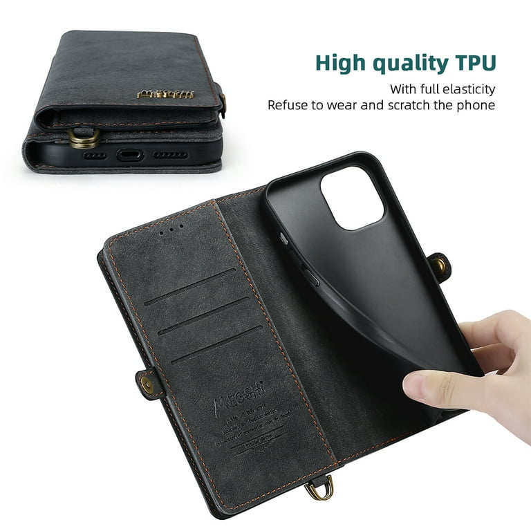 Case for iPhone 13 Wallet Case, XRPow [2 in 1] Magnetic Detachable Wallet  Case Vegan Leather Zipper Clutch Folio Flip Card Solt Wrist Strap Purse