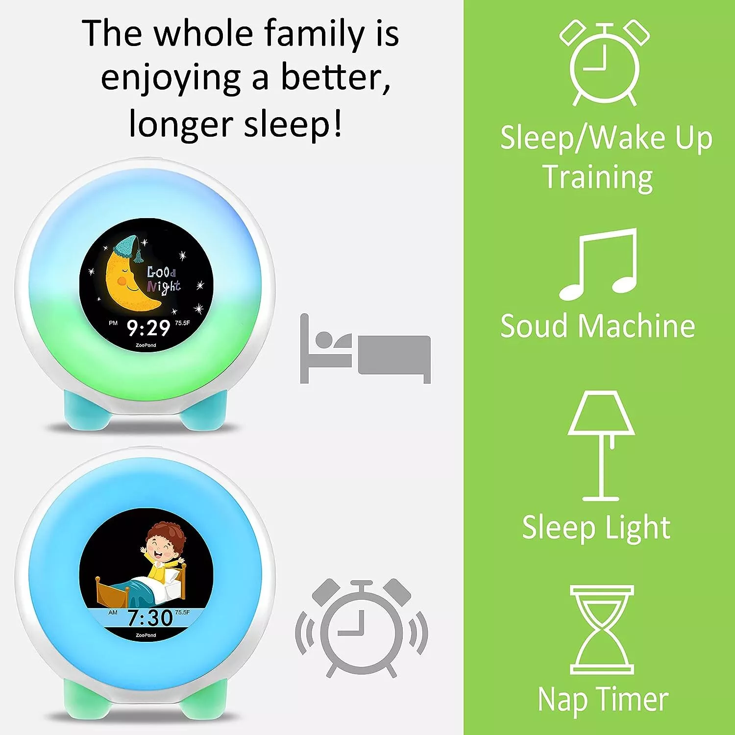 ZOOPOND - Full-Color Mobile Display Alarm Clock for Kids, Kids Alarm Clock, Kids Night Light, Ok to Wake Clock, Wake Up Light, Toddler Clock GRO Clock Z06E (Green base, micro USB plug)