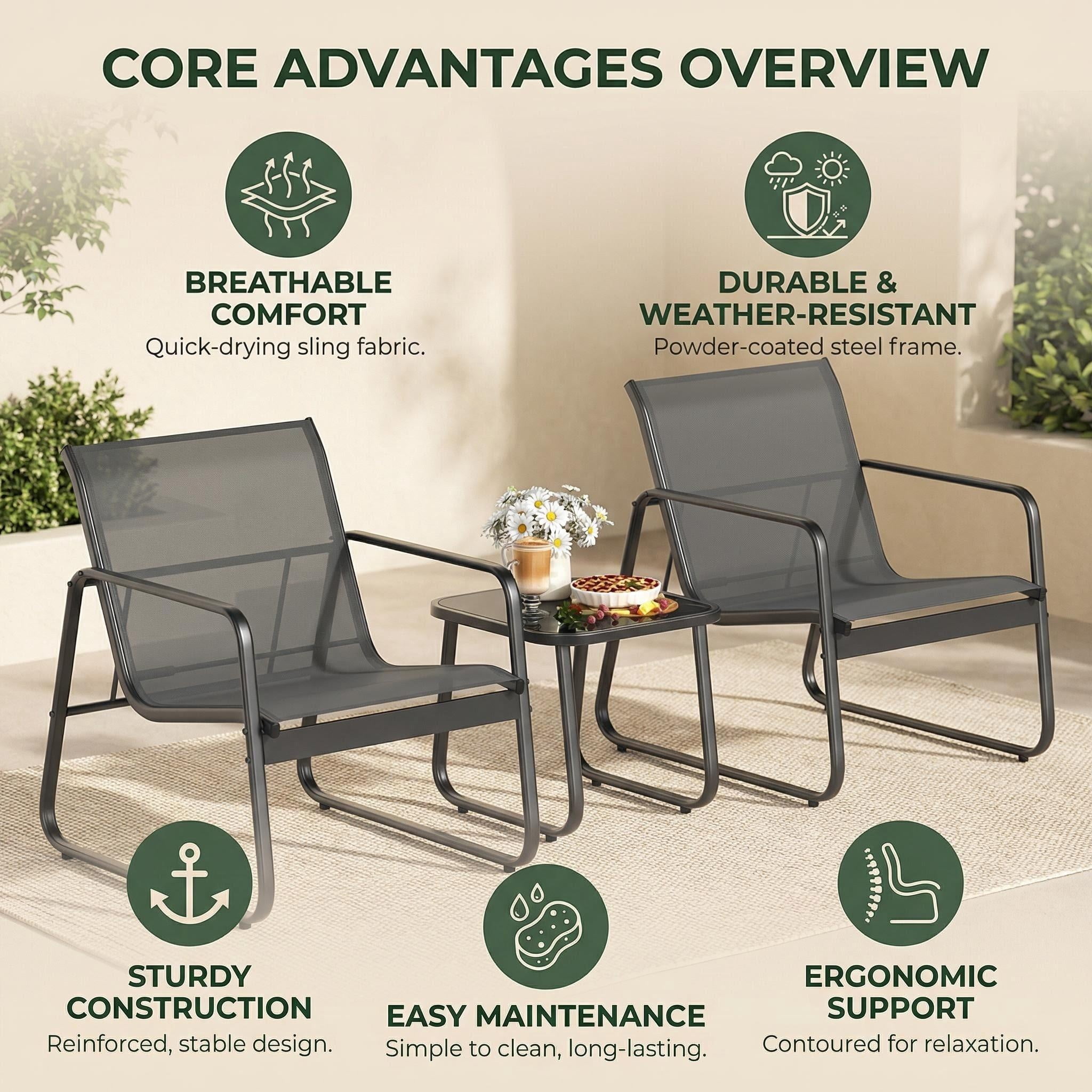 Lofka 3-Piece Patio Furniture Set with Coffee Table for Garden| Balcony| Bistro, Textilene,Black