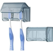 2 Pack Wall Mount Toothbrush Holder with Cover for Bathroom, Shower, Self Adhesive Wallmount 2 Slots Tooth Brush Hanger (Grey)