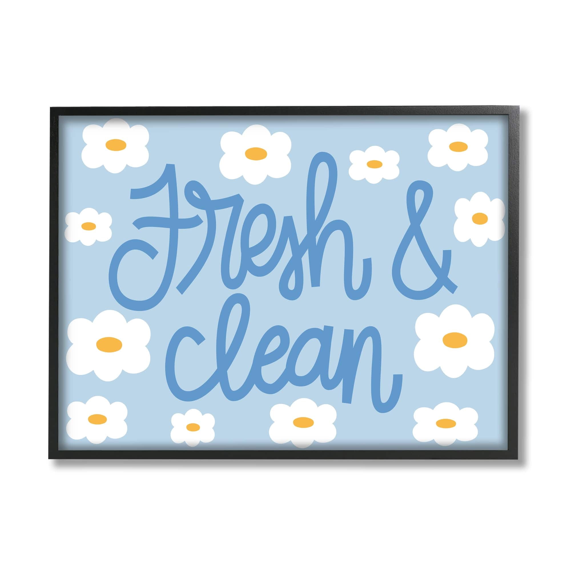 Stupell Industries Fresh & Clean Blue Daisy Pattern Typography Painting Gray Framed Art Print Wall Art