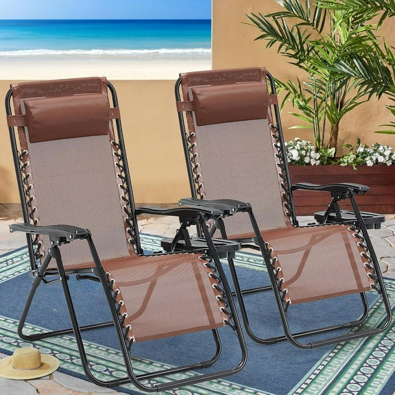 YANG2 Zero Gravity Chairs Set of 2, 350lbs Capacity Folding Outdoor Patio Recliner with Adjustable Headrest & Cup Holder, Anti Gravity Chair for Backyard, Poolside-Brown