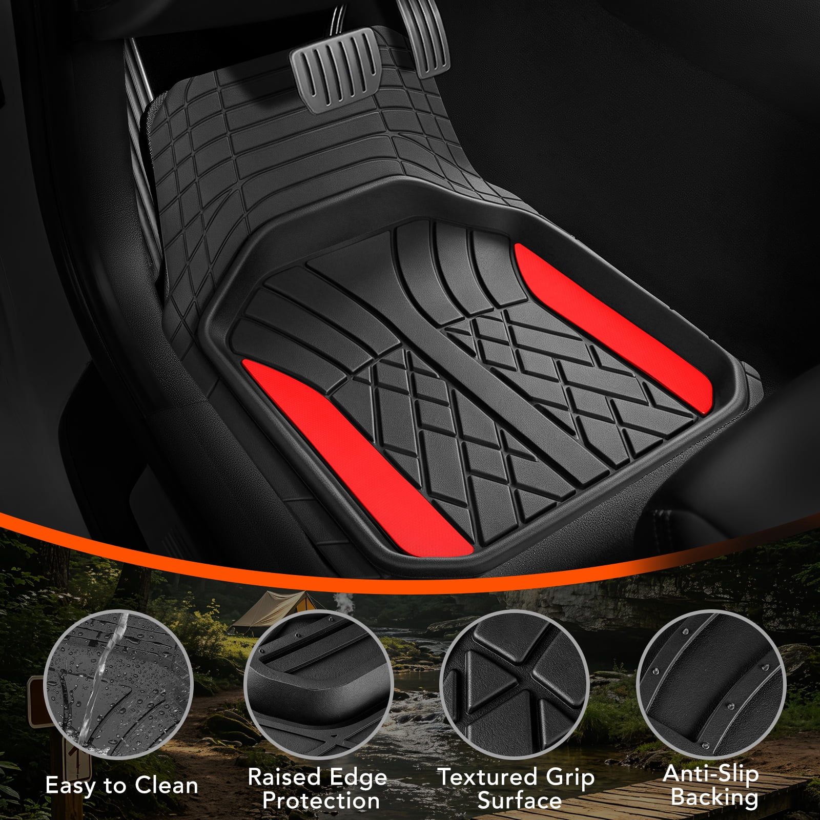 Ozark Trail Rubber Car Floor Mats, Heavy Duty Rubber Floor Mats, Injection Molded Aluminum Film, Trim-to-Fit All Weather Mats, Waterproof Easy-Clean Front and Rear Interior Protection, 3 Piece Red