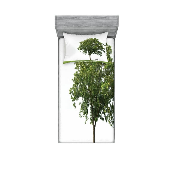 Ambesonne Green Fitted Sheet & Pillow Sham Set, Solitude Bench Nobody, Twin, Green White