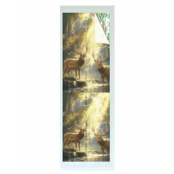 Window Privacy Film Golden Forest Deer Stained Glass Window Film Decorative Sun Block Window Cover Fantasy Vintage Nature Scenery Window Clings Static Adhesive Sticker for Bathroom 23.6"x78.7"