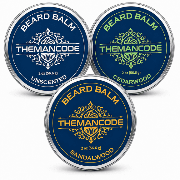 THEMANCODE Beard Balm Kit for Men, Softens, Hydrates & Tames Flyaways, Unscented, Sandalwood & Cedarwood Beard Balm, Father’s Day Gift for Dad, 2 oz, 3 Pack