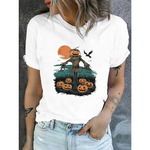 Halloween Pumpkin Head Scarecrow Graphic Tee Womens Design Jack O Lanterns Bats T-Shirt Fashion White S-5XL