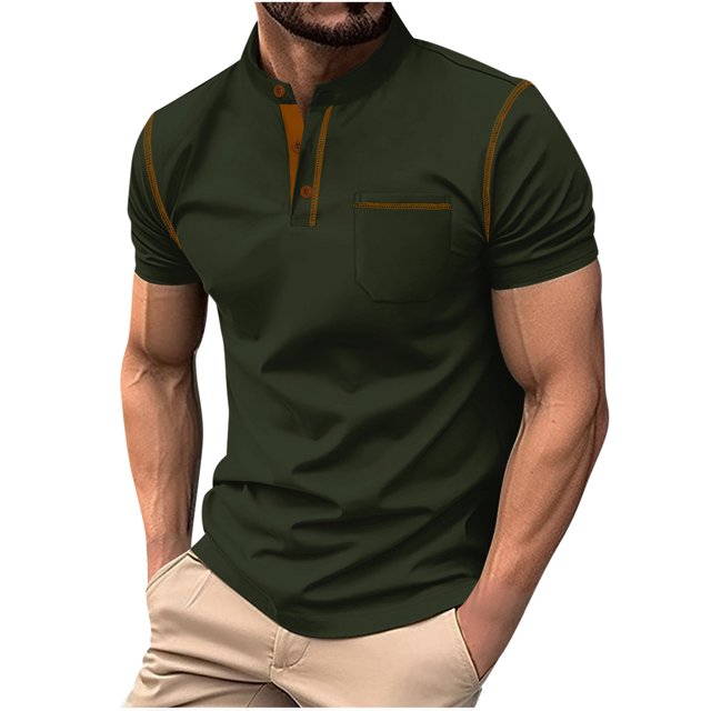 Shirts for Men, Mens Patchwork Button-Up Short Sleeve Stand Collar Top Stand Collar Top/Shirt