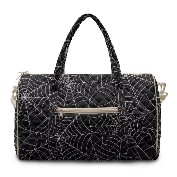 Garronmavis Black Spider Web Print Large Quilted Duffle Bag for Women, Travel Weekender Bag Overnight Carry On Bag with Zipper Pockets for Gym, Dance, Halloween Getaways