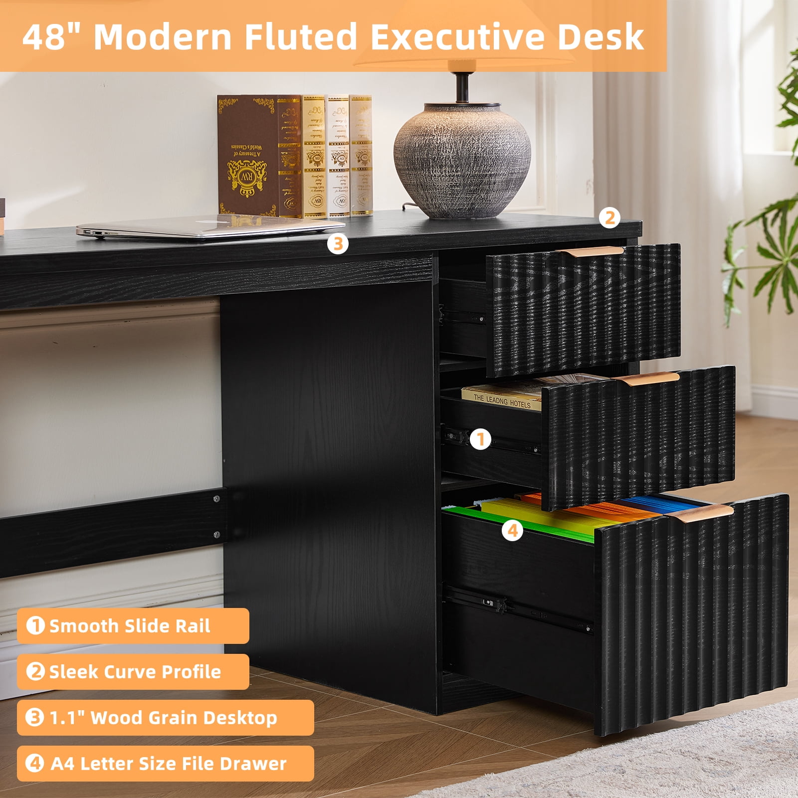Joaxswe 48" Computer Desk with 3 Drawers, Fluted Wood Home Office Desk, Farmhouse PC Desk for Study, Bedroom, Black
