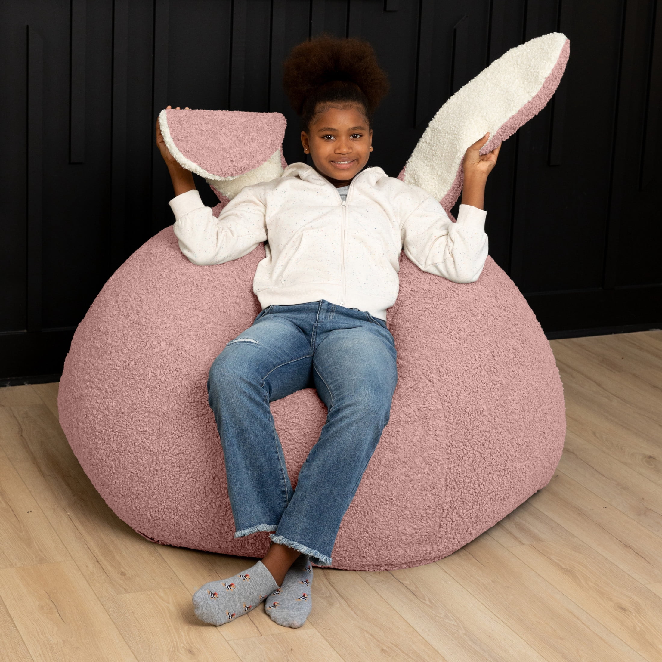 Raven-Symoné Home HopSeat Bunny Oval Shaped Large Bean Bag Chair with Ears, Ultra Soft Shearling - Pink