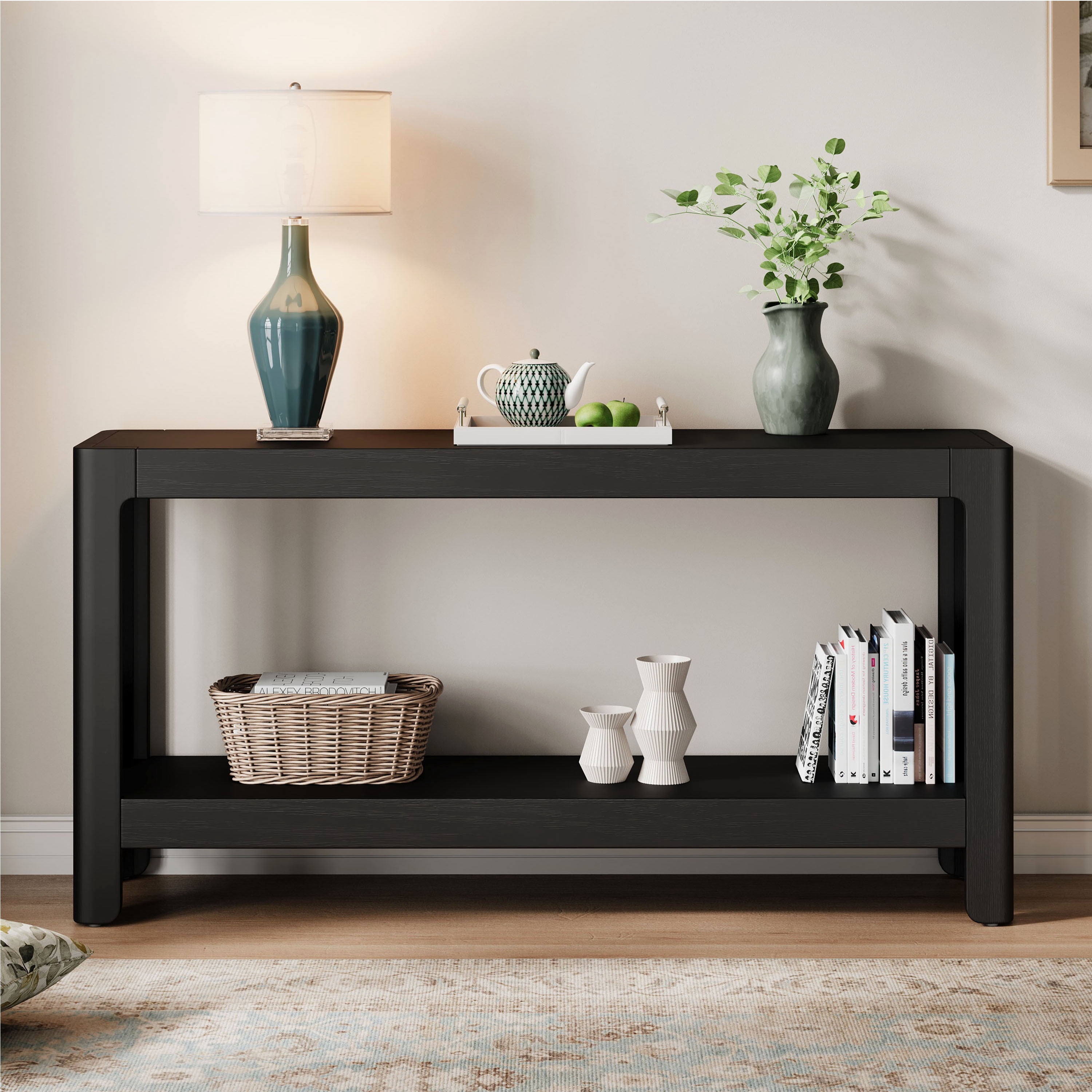 Euroco 59-Inch Narrow Long Console Table,Farmhouse Wood Entryway Table with 2-Tier Shelves for Living Room,Hallway,Entrance, Foyer, Behind Couch,Black