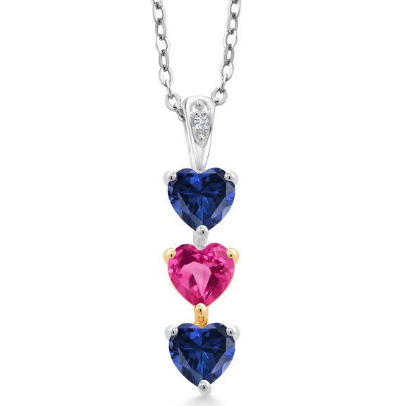 Gem Stone King Keren Hanan Lab Grown Diamond 3 Stone Heart Shape Pendant Necklace with Chain 1.61 Ct Blue Created Sapphire Pink Created Sapphire 925 Silver and 10K Yellow Gold