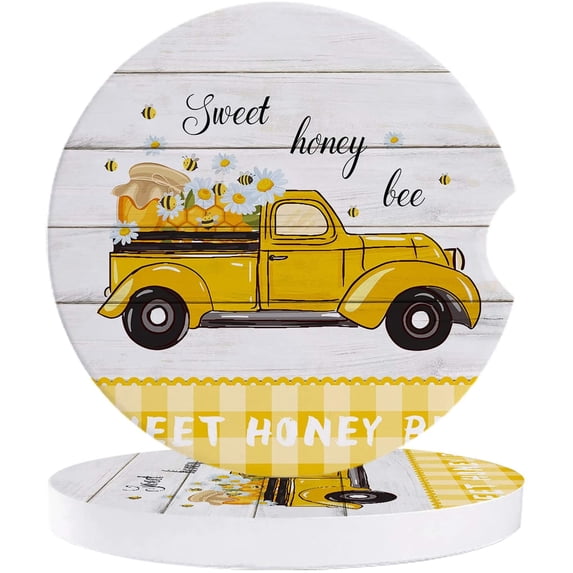 ZHANZZK Summer Truck with Honey and Bee Wooden Grain Plaid Set of 6 Car Coaster for Drinks, Absorbent Ceramic Stone Coasters Cup Mat with Cork Base for Home Kitchen Room Coffee Table Bar Decor