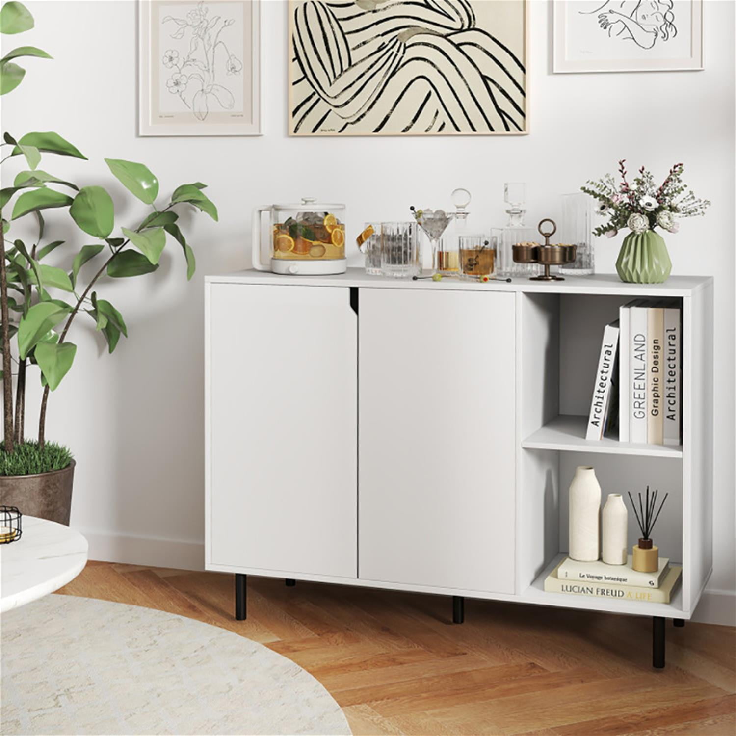 Demi Bonn 42" Sideboard Buffet Cabinet with Adjustable Shelves, Kitchen Storage Cabinet, Wood Coffee Bar Buffet Table for Kitchen Dining Room, White