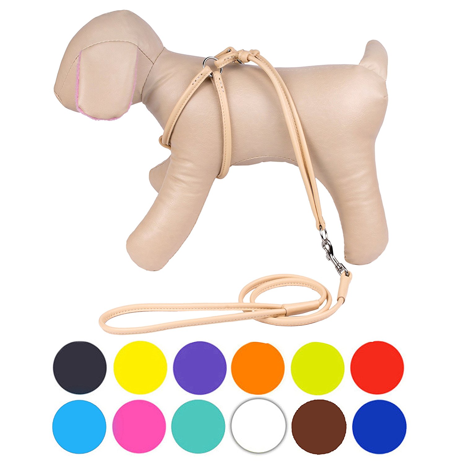 Rolled Leather Dog Harness StepIn Leash for Small Dogs, Beige