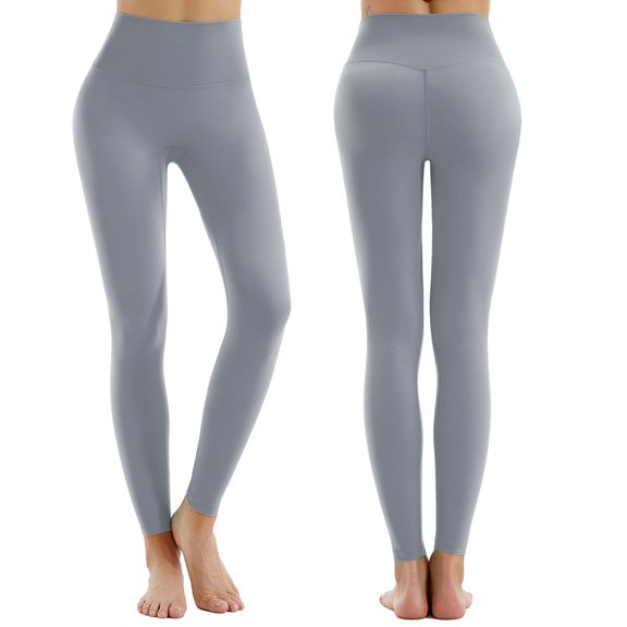 WIZUTIZ Womens Workout Leggings Retro Relaxed Slim Yoga Pants Spandex Elastic High Rise Full Length Pants Solid Pants for Lady Butt Lifting Beach Gray
