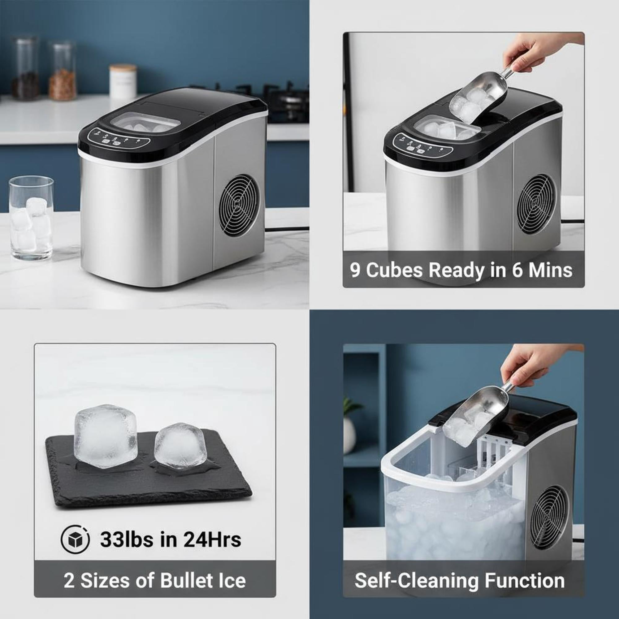 Countertop Bullet Ice Maker, 33 lbs/24H Portable Ice Machine, 9 Cubes Ready in 6 Mins, 2 Ice Sizes, Self-Cleaning Ice Maker with Scoop & Basket, Quiet ≤45dB for Home Kitchen Office Bar Party