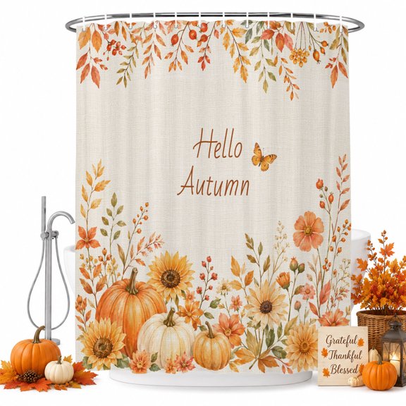 Fall Thanksgiving Shower Curtain, Waterproof Shower Curtains for Bathroom, Orange Pumpkin Botanical Leaf Rustic Beige Washable Fabric Bathtub Curtain Set Bath Decor with 12 Hooks Standard 72"x72"