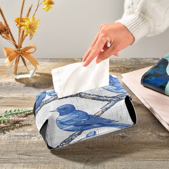 Blue Birds Floral Porcelain Leather Tissue Box Cover Rectangle Tissue Holder Foldable