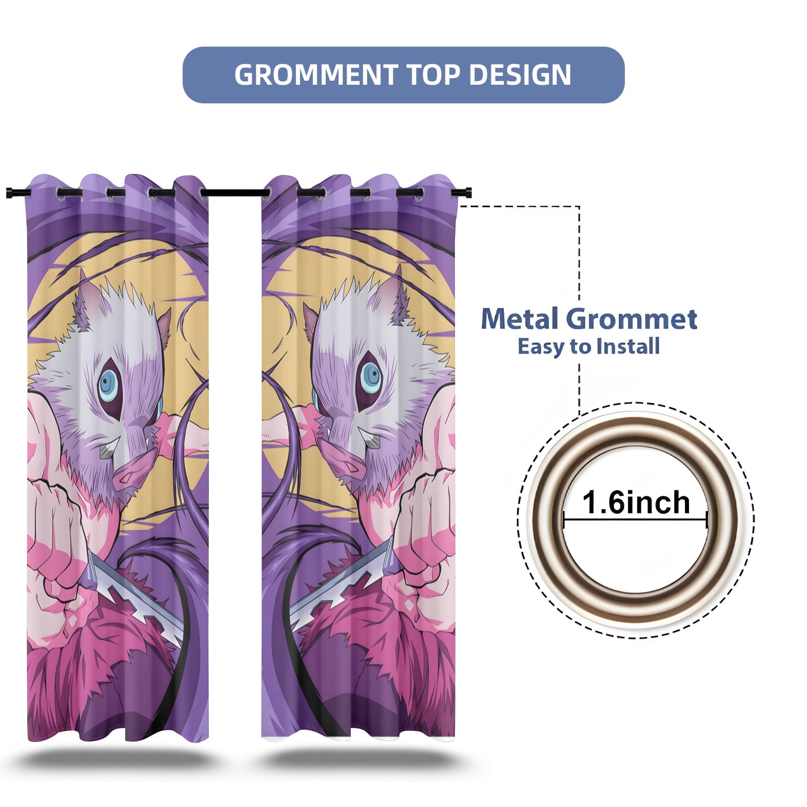 Anime Curtains for Bedroom Drapes Slayer Tanjirou Inosuke Kyoujurou Print Design Window Treatments Curtain Panel Set, 2-Panels, 52" W x 63" L