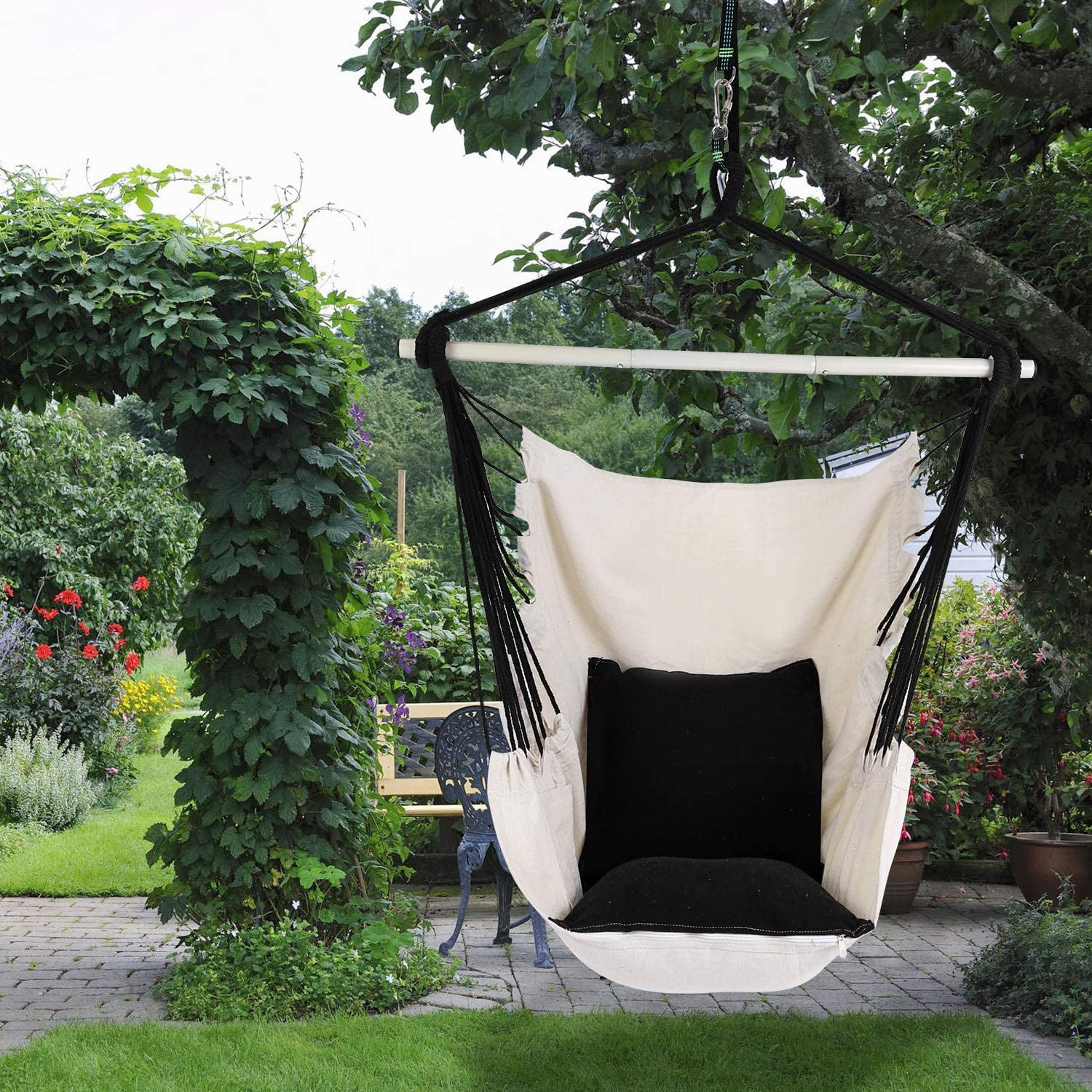 RedSwing Hanging Hammock Chair Quality Cotton Weave for Superior Comfort and Durability Max Load 330Lbs Hanging Rope Swing with 2 Cushions and Hardware Kits