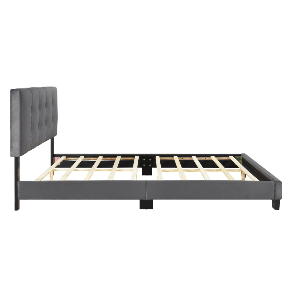 Tcbosik Queen Size Upholstered Platform Bed, Wood Bed Frame, Height Adjustable Headboard with Tufted Button Design, Dark Gray