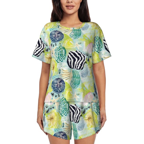 Fotbe Shell Clam Conjunto de Pijama Estampado para Mujer, 2 Piezas, Ropa de Dormir con Camiseta de Manga Corta y Shorts Suaves-Medium