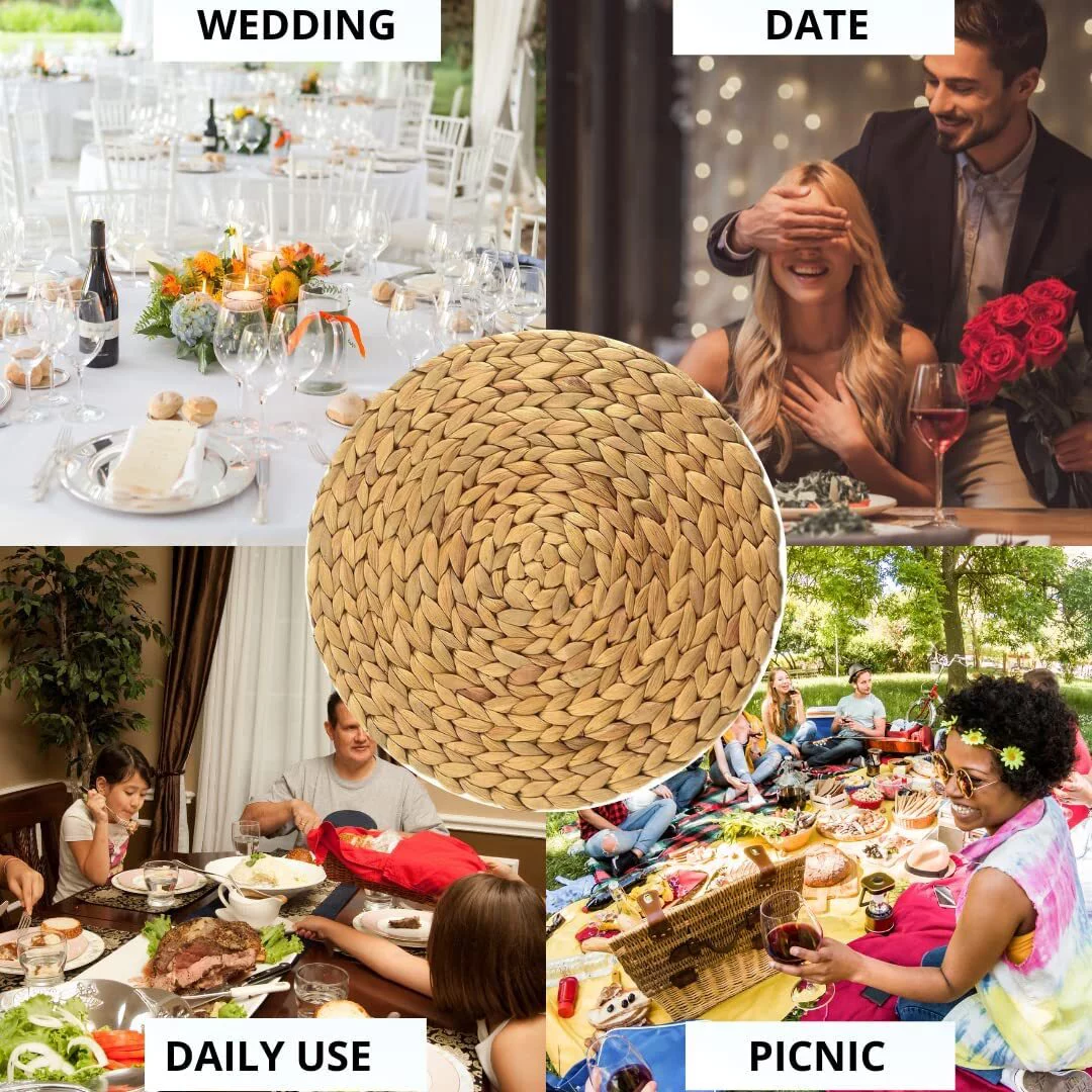 9.8" Round Woven Placemats, Placemats Set of 4,Wicker Placemats, Natural Water Hyacinth Placemats, Heat Resistant, Anti-Slip & Durable for Dining Room Table & Countertops