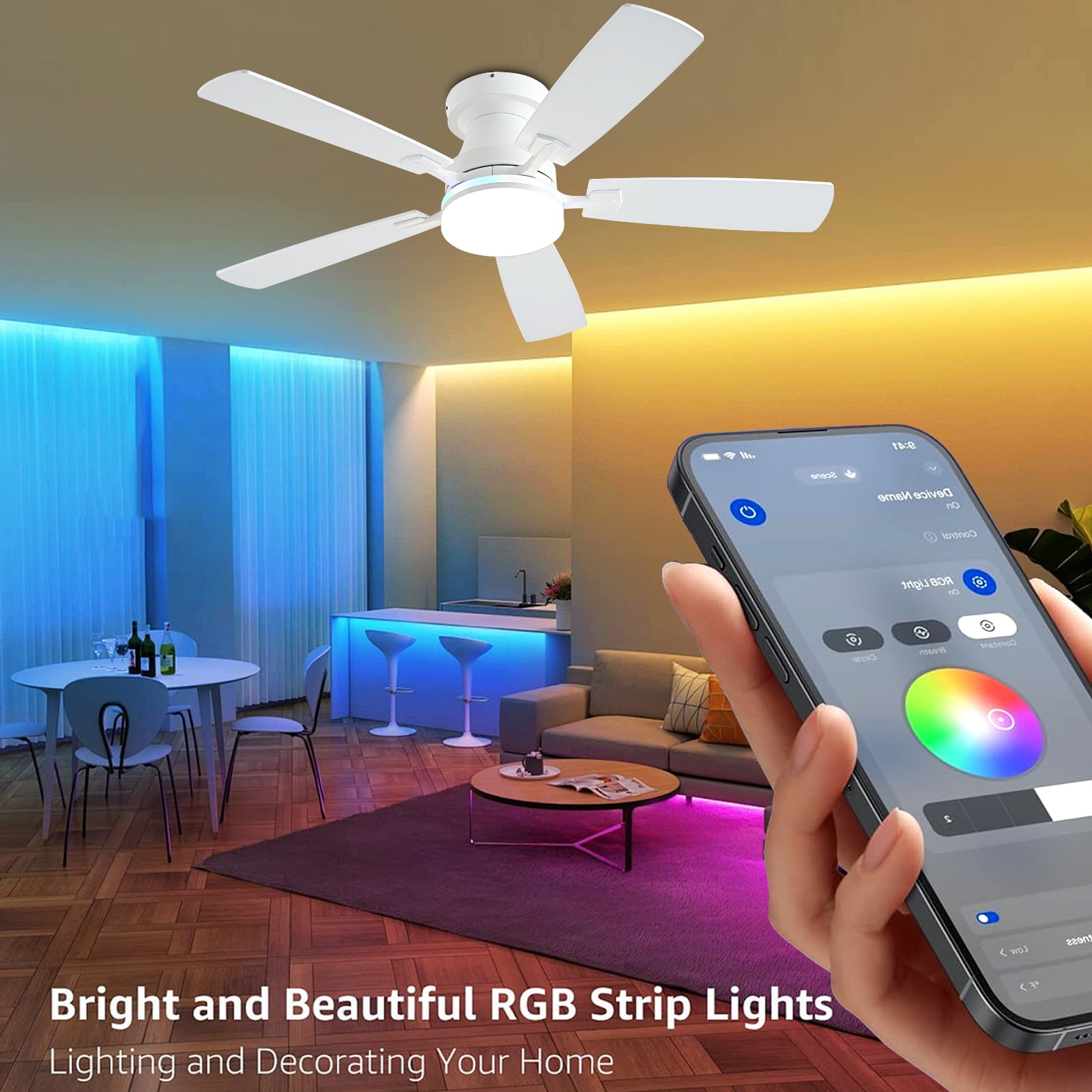 Ayaoty Ceiling Fans with Lights, 48 inch Low Profile Ceiling Fan with Light and Remote Control, Flush Mount RGB Dimmable Light, Noiseless, White Ceiling Fan for Bedroom Indoor/Outdoor Use