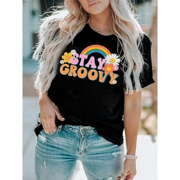 BESTLUCKY Stay Groovy Shirt for Womens Floral Graphic Retro Shirts Hippie 70s Tee Summer Tee Tops
