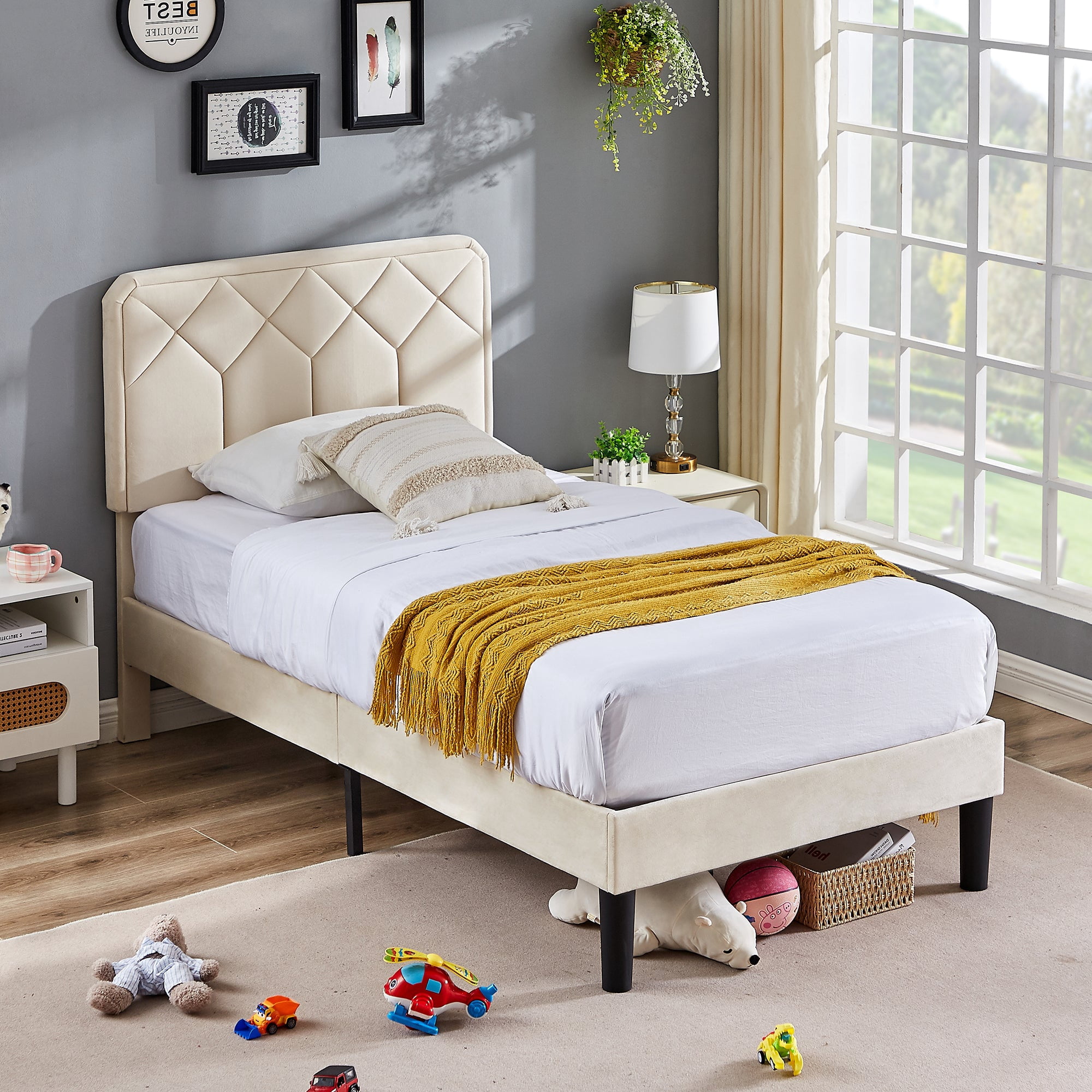 Taomika, Twin Size Tufted Nailhead Upholstered Platform Bed Frame with Adjustable Headboard-Beige