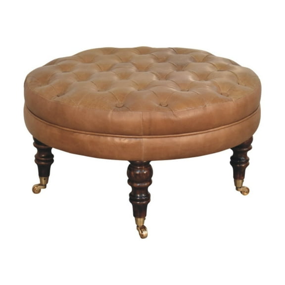 Lesuto Brown Buffalo Leather Round Ottoman with Castor Legs - Nordic Style, Wood, 0 Drawers