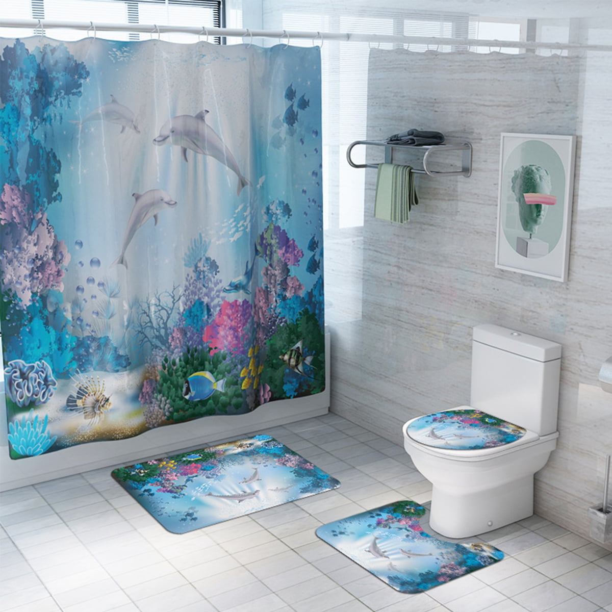 4PCS Ocean Summer Waterproof Shower Curtain Toilet Lid Cover Floor Bath Mat