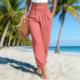 thumbnail image 4 of Women Linen Palazzo Pants Summer Boho Wide Leg High Waist Casual Lounge Pant Vacation Beach Travel Outfits, 4 of 6