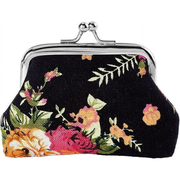 1 pc Canvas Rose Kiss Lock Wallet Vintage Trinkets Purse Ladies Change Pocket Iron Frame Compact Hand-held Wallet for Credit Card Keys Headset Storage Christmas Valentine's Day Gift 4x3.3x0.3in