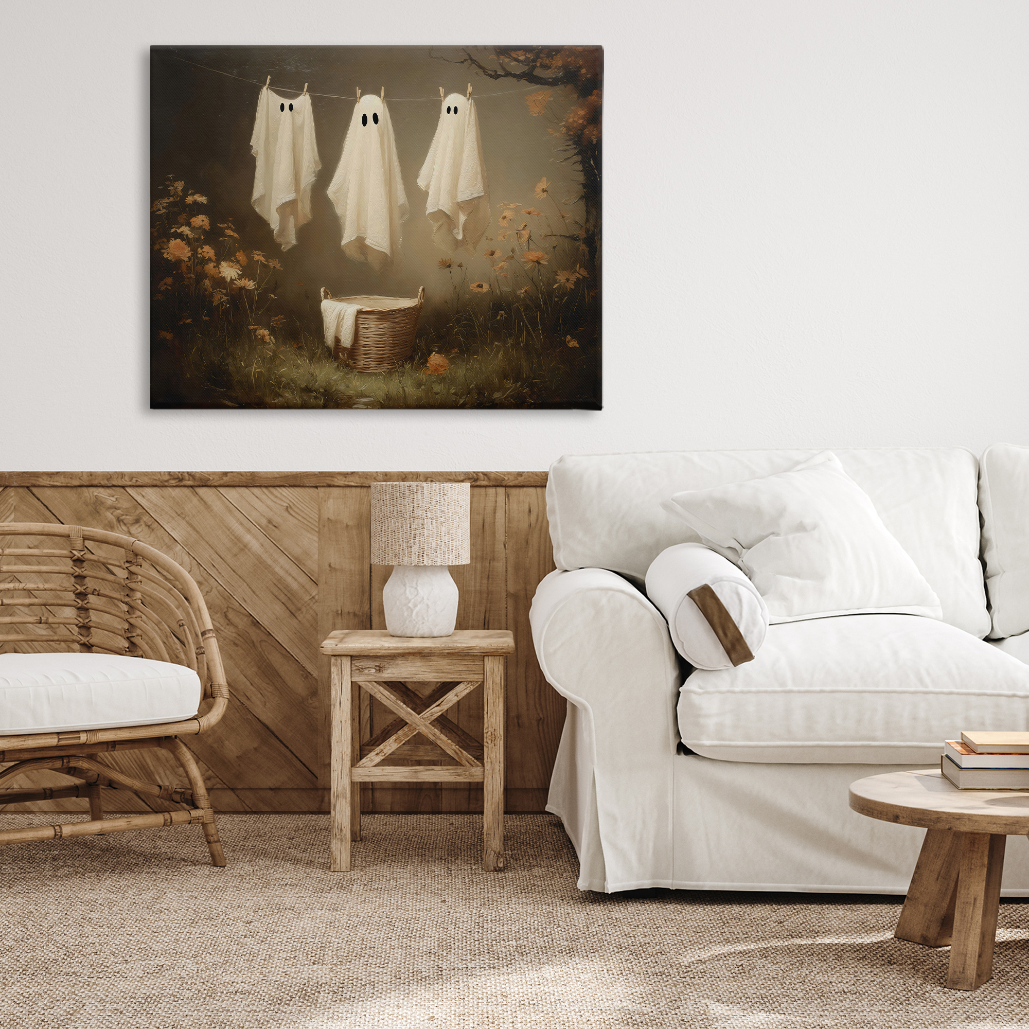 Three Laundry Ghosts Hanging Canvas Wall Art, design by Arlington Prints