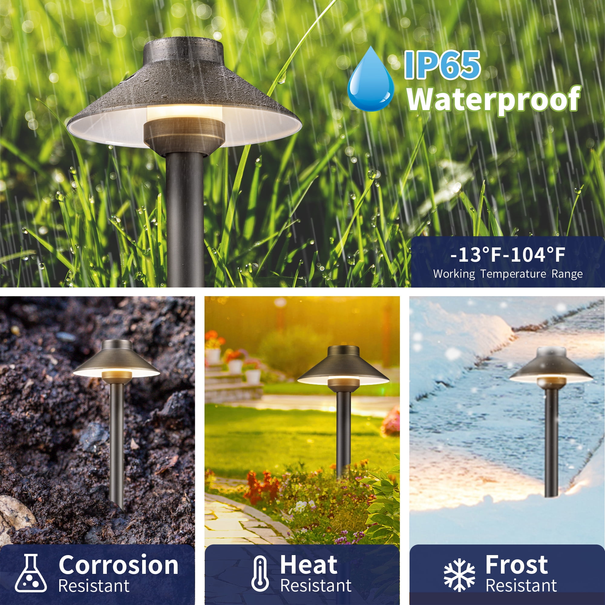 Gardenreet Brass Pathway Lights, Low Voltage LED Landscape Path Lights, 12V Outdoor Waterproof Landscape Lighting(Hat) for Walkway Driveway Garden with 3W 2700K Warm White LED G4 Bulb(4 Pack)