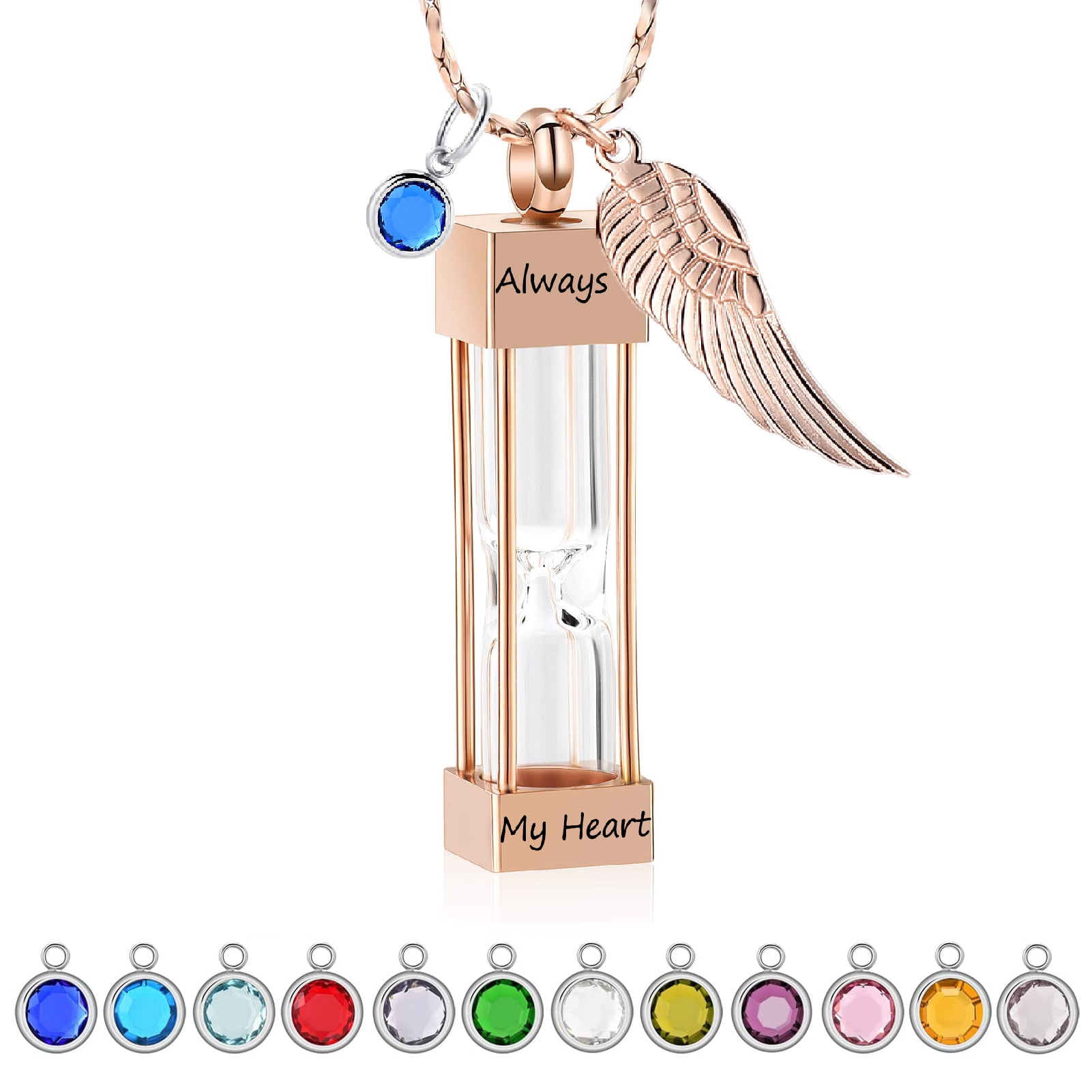 Always in My Heart - 12 Colors Birthstones Hourglass Urn Pendant Necklace for Cremation Ashes Keepsake Memorial Jewelry