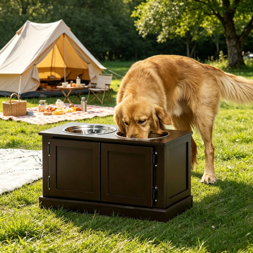 Elevated Dog Bowls with Storage Cabinet, Raised Pet Feeder Station with Removable Stainless Steel Bowls, Coffee MDF Feeding Stand for Large Dogs