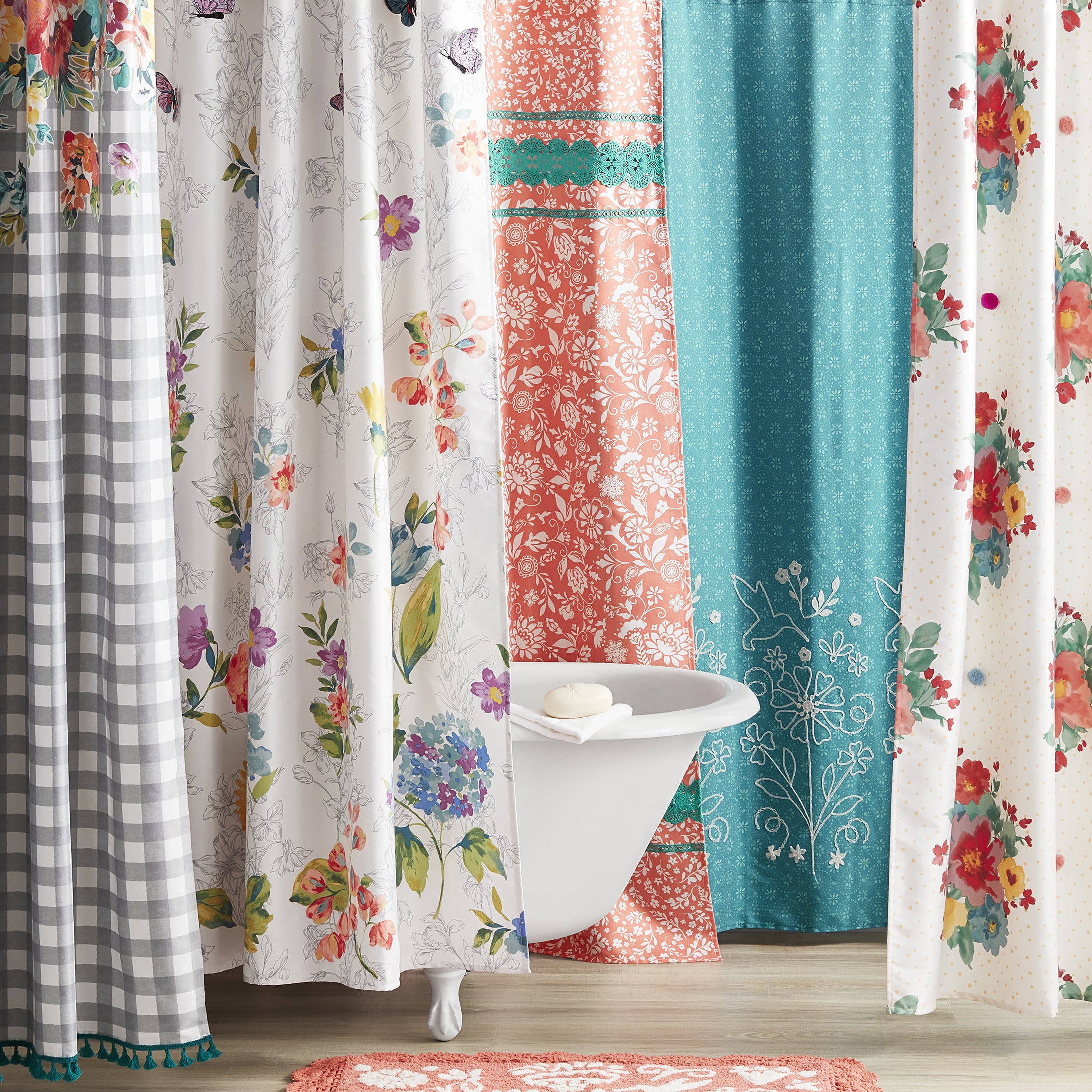 The Pioneer Woman Multi-color Plaid Floral Cotton Polyester Shower Curtain, 72 in x 72 in