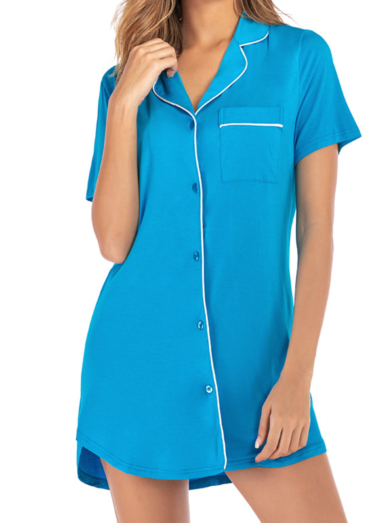 Women's Nightshirt Short Sleeve Turn-Down Collar Nightgown Sleepwear Midi Dress