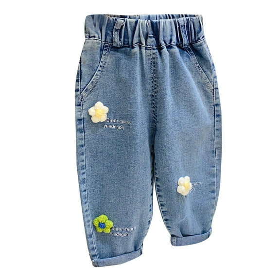KAUOD Toddler Cute Graphic Jeans Straight Pull on Denim Pants Baby Girls School Casual Elastic Waist Fall Jeans with Pockets