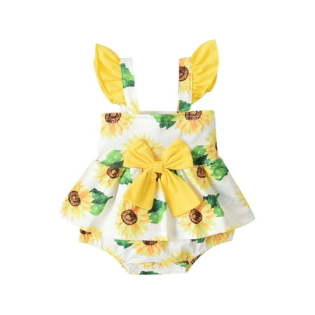 

Calsunbaby Infants Baby Girls Romper Newborn Summer Creative Floral Fruit Printing Bow Decoration Fly Sleeve Suspender Jumpsuit