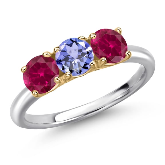 Gem Stone King 925 Silver and 10K Yellow Gold Blue Tanzanite and Red Created Ruby Engagement Ring for Women | 1.66 Cttw | Round 5MM | Gemstone December Birthstone | Size 5