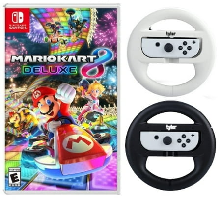 Mario Kart 8 Deluxe for Nintendo Switch Consoles with Tyler Black and White Joy-Con Steering Wheels Bundle Set